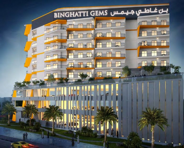 Binghatti-Gems-Apartments-At-Jumeirah-Village-Circle-Night-View-768×615-1